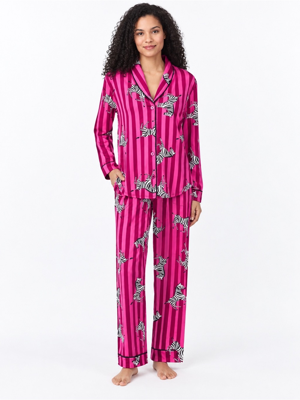 Women's Fuchsia Zebra-Print Satin Pajama Set